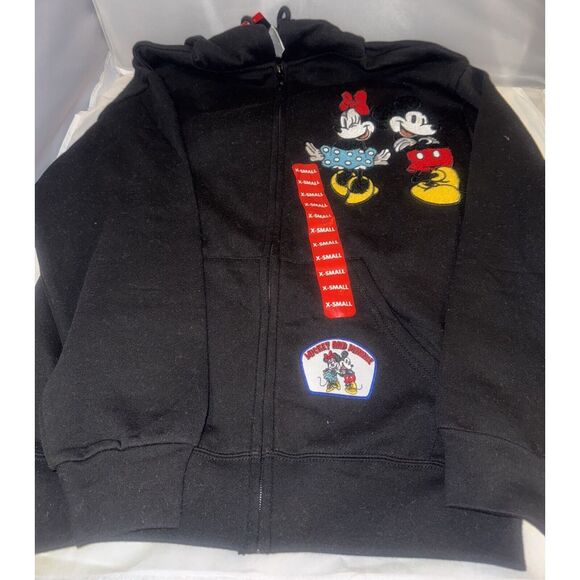 Disney Tops - Disney Hoodie Jacket Women's Size XS‎ Black Full Zip Mickey & Minnie Patches NEW
